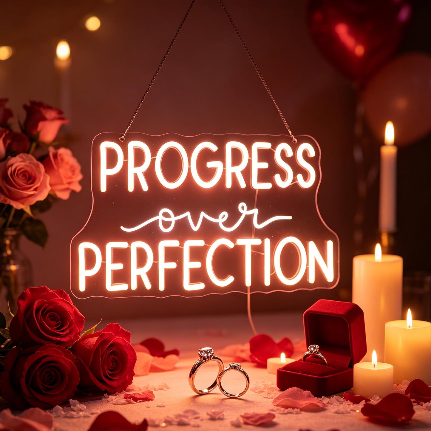 Progress Over Perfection Wall Hanging Neon Sign,Classroom Wall Decor Sign, Led Inspirational Office Decor Light, Teacher Gift, Decorative Neon Lights for Kids Room, Playroom Wall Decor (warm white)