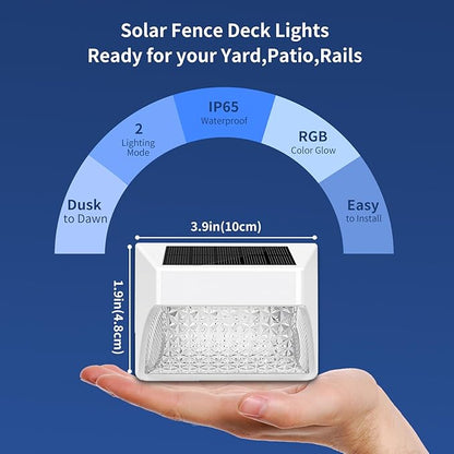 Solar Powered Fence Deck Lights Outdoor Waterproof Led IP65 RGB Color Changing/Warm White Auto On/Off Solar Step Lights for Outside Stair Garden Yard Wall Patio (6 Pack, White)