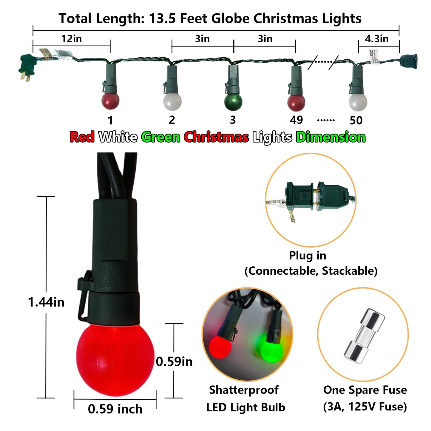 Round Christmas Lights Outdoor 13.5Ft G15 Red Green White Christmas Lights 50 LED Mini Globe String Light Indoor, Shatterproof Connectable & Plug in Xmas Light for Home Wreath Porch Patio Tree Decor