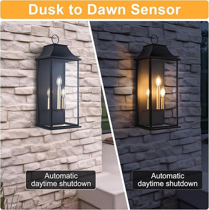 Dusk to Dawn Outdoor Wall Light 3-Light, 25.3" Large Outdoor Light Fixture, Black Exterior Wall Lantern, Waterproof Outside Wall Sconce for House Porch Patio