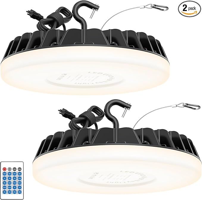 Smart Shop Lights 200W Micware Motion Sensor 24000LM UFO LED High Bay Light with Multi-Function Remote, 10%-100% Dimmable IP65 Waterproof 5000k Garage Lighting 2Pack (Old Remote)