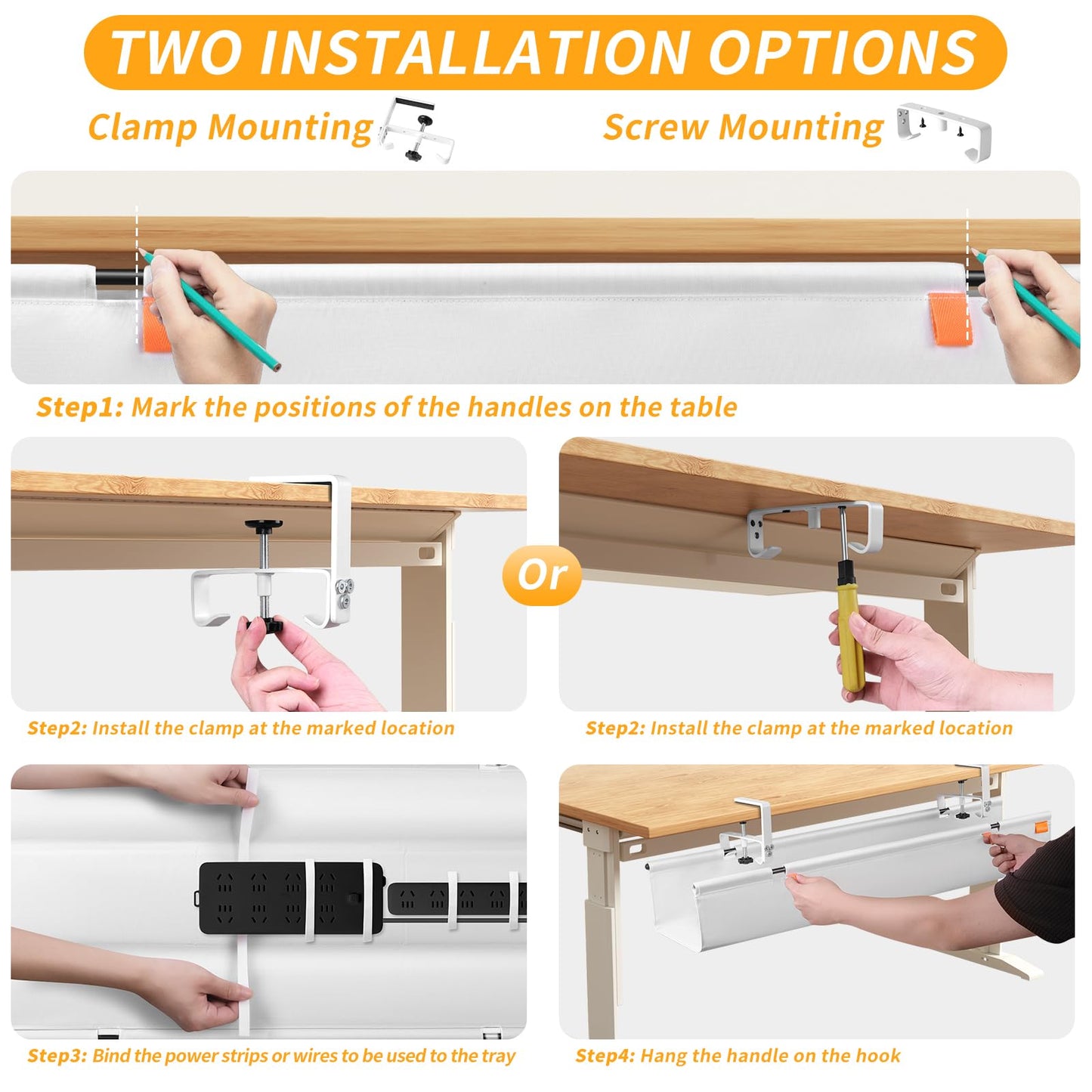 SUREUP9 Under Desk Cable Management Tray with Clamp, No Drill 36" Cord Organizer for Desk, Desk Cable Management Fabric Tray for Standing Desks, Ideal for Home & Office - White