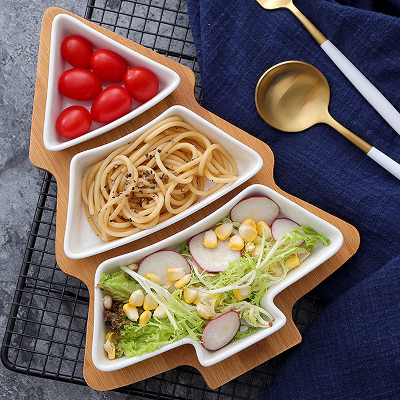 ROSE CREATE 11.6 Inches Big White Snack Appetizer Trays Set, Christmas Tree Dessert Serving Dishes, Snack Platter, 3 pcs Removable Porcelain Plates with Bamboo Tree Tray