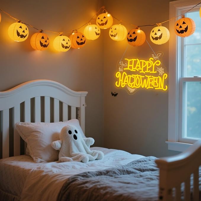 HAPPY HALLOWEEN Neon Sign, Bright Yellow LED Wall Light with Bats, Spider Webs & Skull, Halloween Party Decoration for Home, Bar, Dorm, Spooky Décor