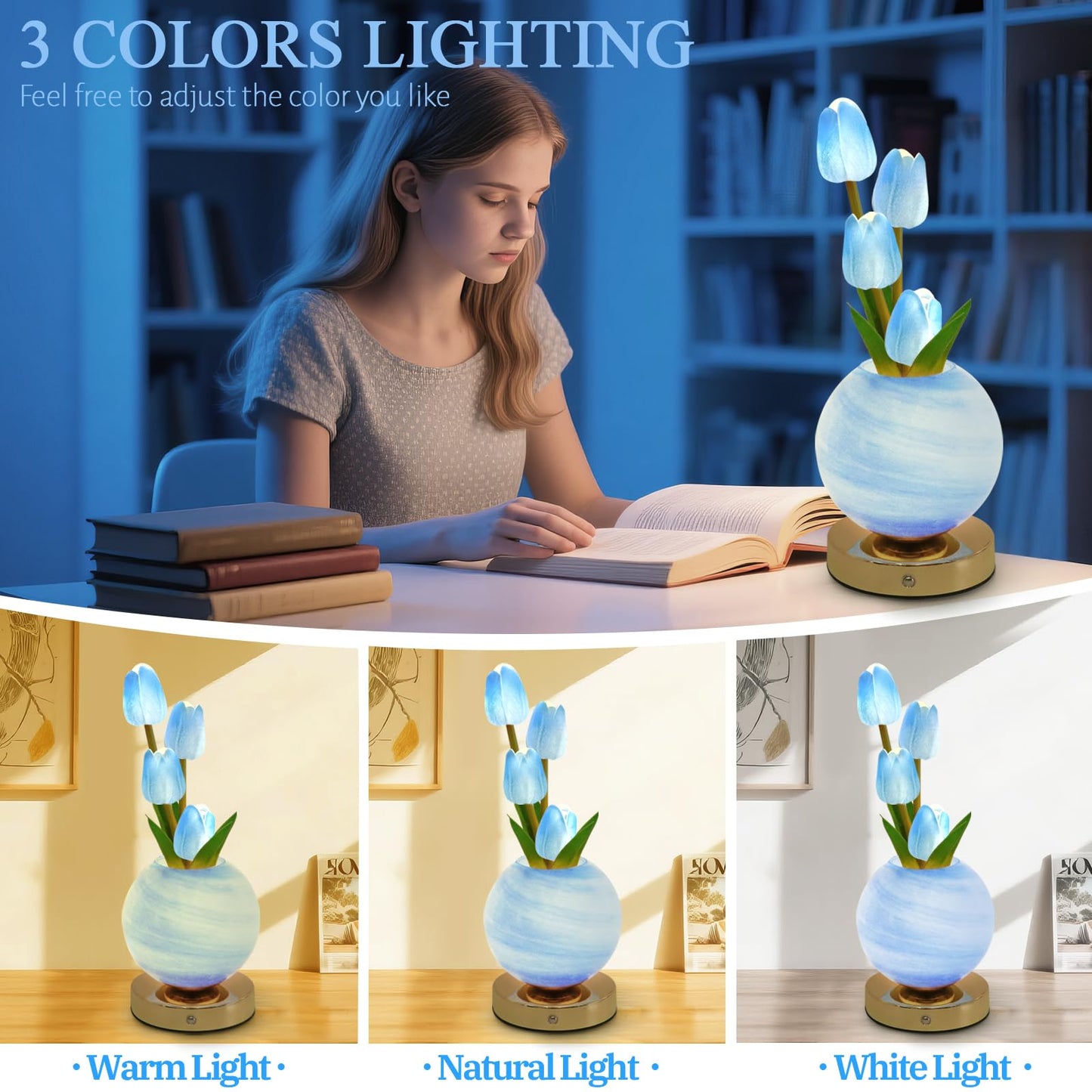 Strackvial Tulip Table Lamp, Rechargeable Cordless Touch Dimming Artificial Tulip Flower Desk Lamp, LED Flower Bedside Night Light Romantic Gifts for Girl Women Mom (Blue)