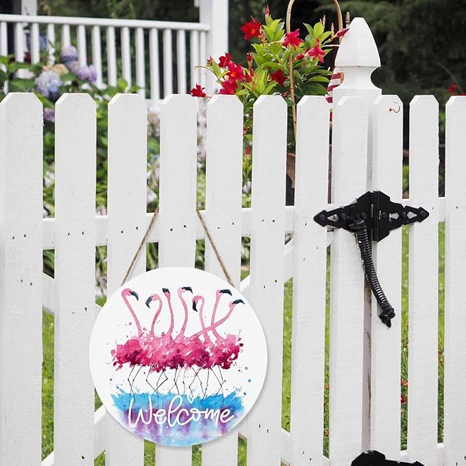 12in Welcome Door Hanger Door Sign Watercolor Pink Flamingo Wood Panel Sign Home Porch Farmhouse Outdoor Indoor Festival Present