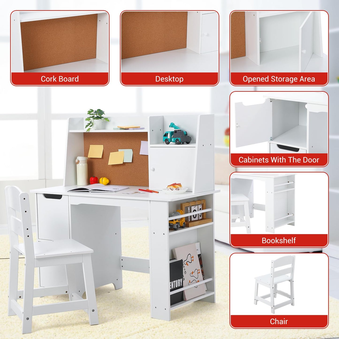 Garvee Kids Desk and Chair Set, Wooden Study Table with Storage Shelf, Bulletin Board for Children 3-8