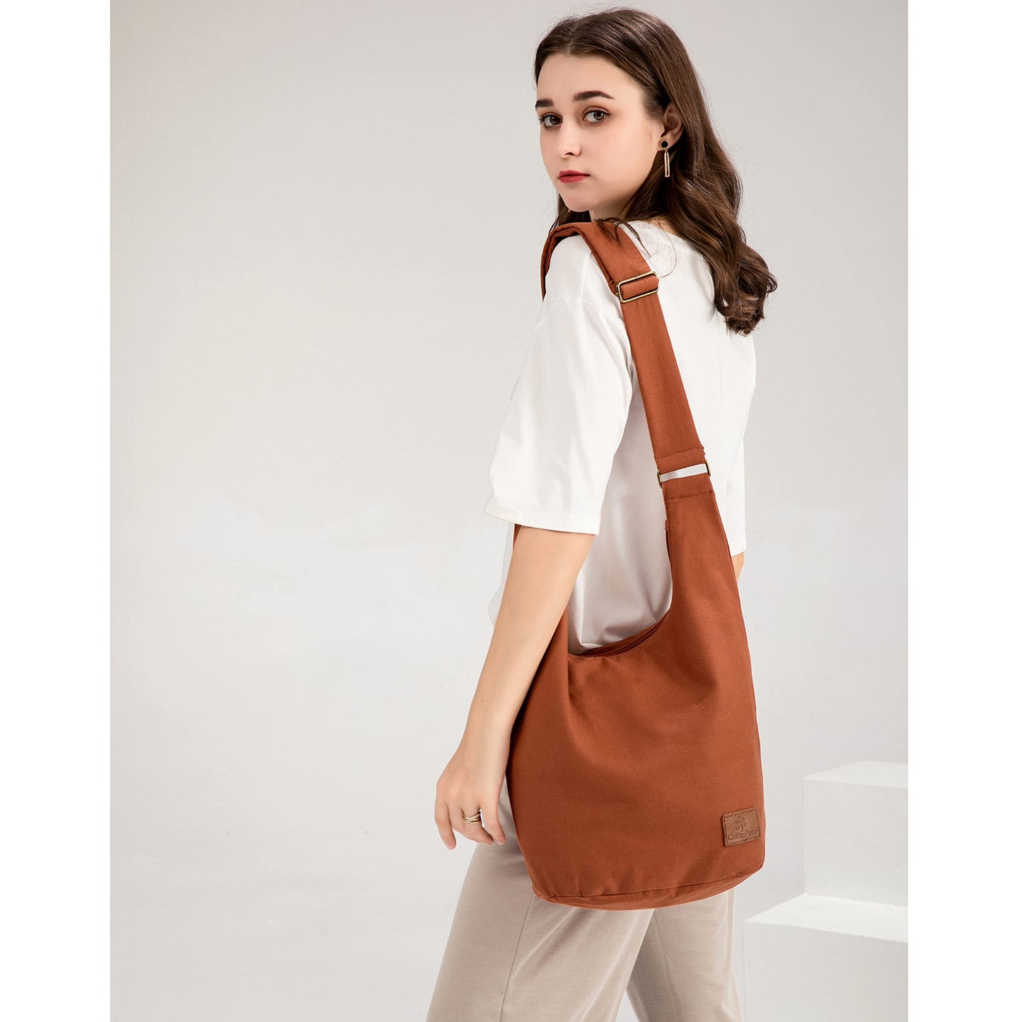 Hippie Crossbody Bag Top Zip Large Size Canvas Sling Bag Jacquard cloth Handmade Bags (Orange)