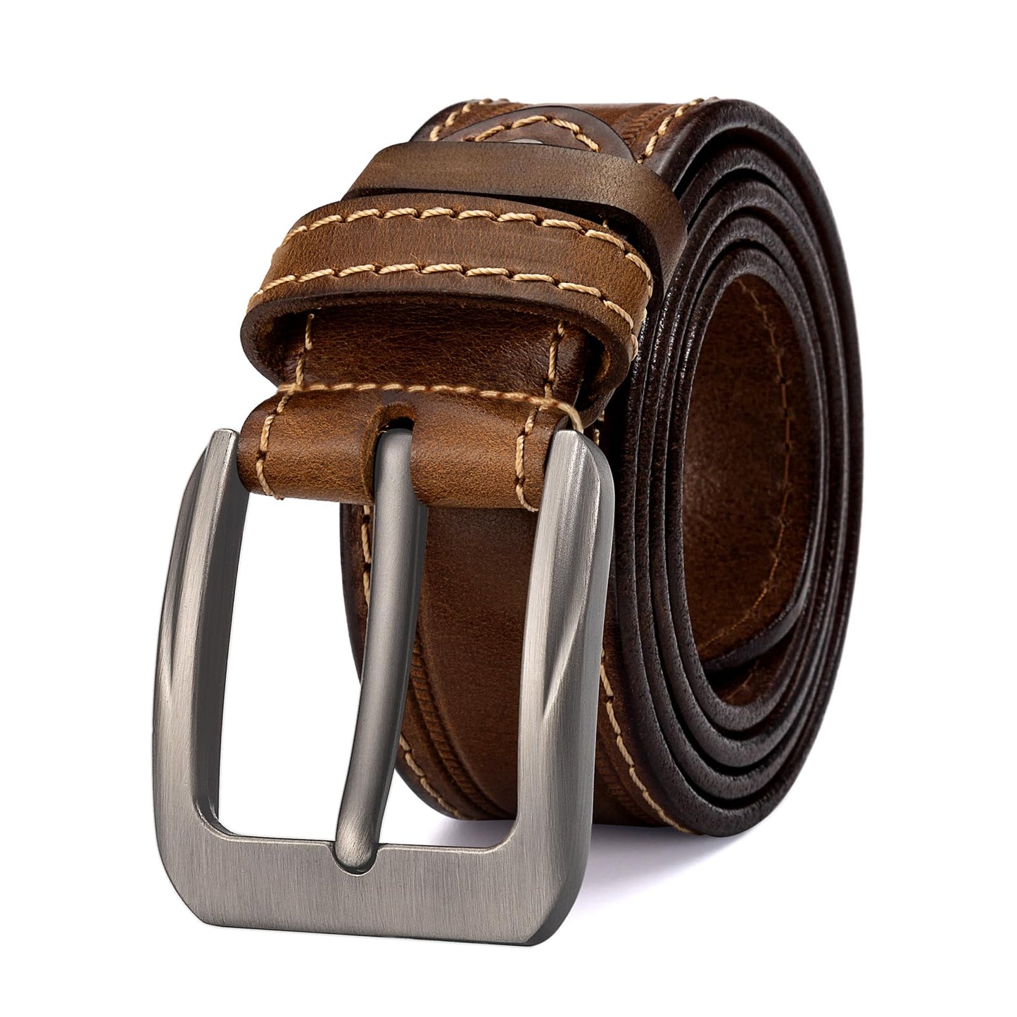 HOLMANSE Italian Full Grain Leather Belt for Men Western Cowboy Casual Jean Belt 1.5 Wide 7 Holes Gift Box Packaging (Full Grain Leather/Brown, Belt Size 36 / Pants Size 34)