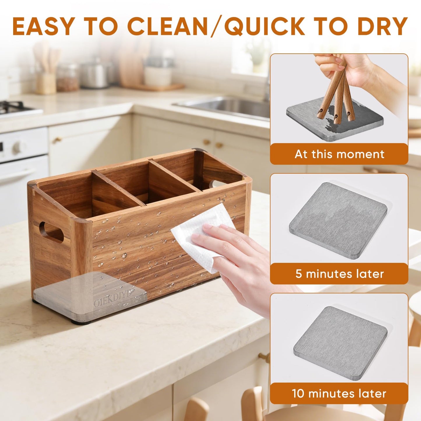 OIEKDJYD Wooden Utensil Holder for Kitchen Counter - Large Utensil Organizer with 3 Compartment, Cooking Tool Crock & Farmhouse Kitchen Accessories