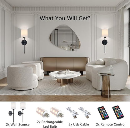 Battery Operated Wall Sconce Set of 2, Black Cordless Rechargeable Wall Sconces with Dimmable LED Bulb and Remote, 13 Colors Wall Lights for Bedroom Living Room Hallway