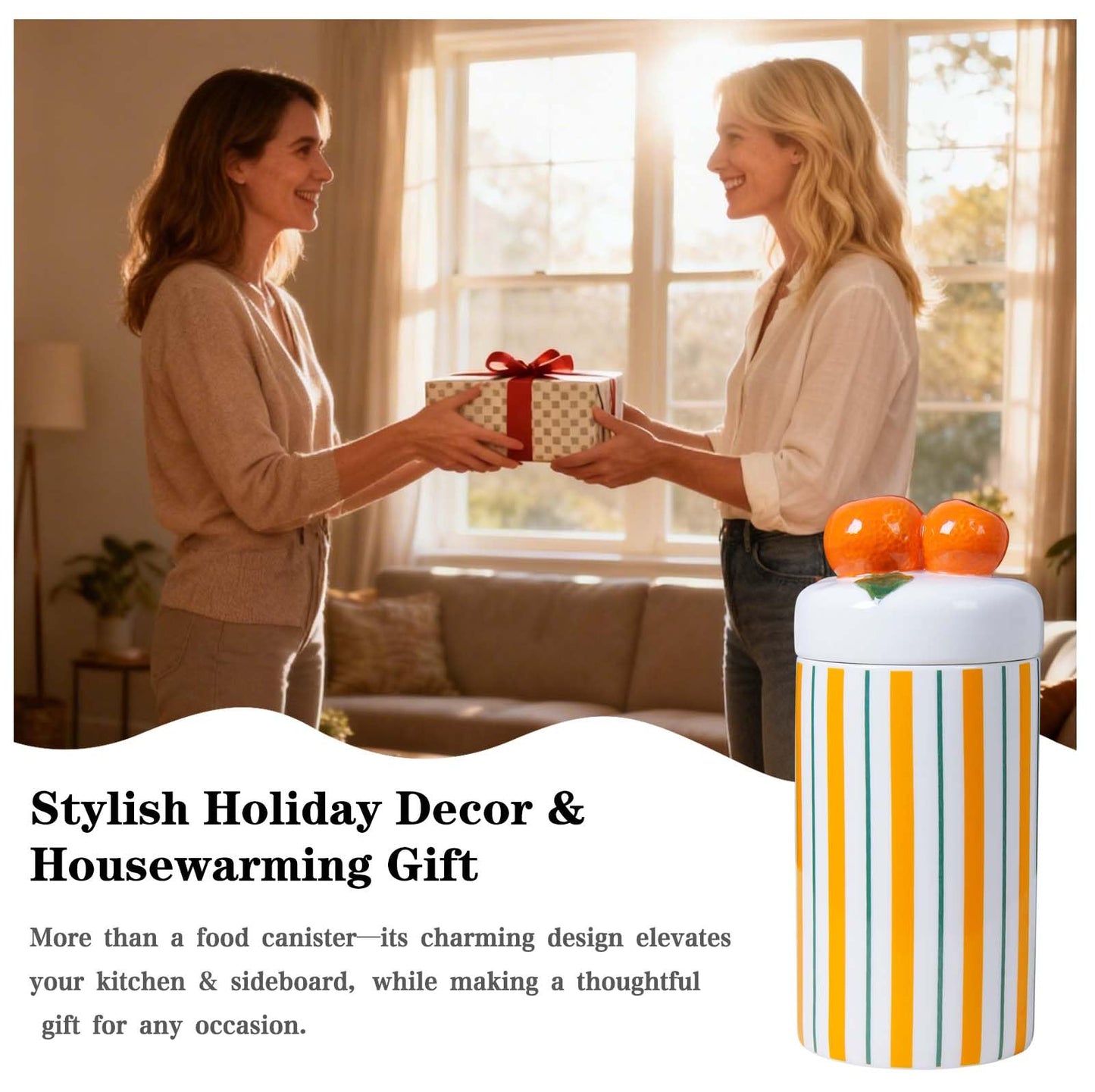 Iryanthos Cookie Jar with Airtight Lid, 9.65" H Ceramic Food Storage Containers for Kitchen Countertop Decor, Personalized Striped Jars with Orange-shaped Lid, For Candy Tea Coffee Spices Nut Honey