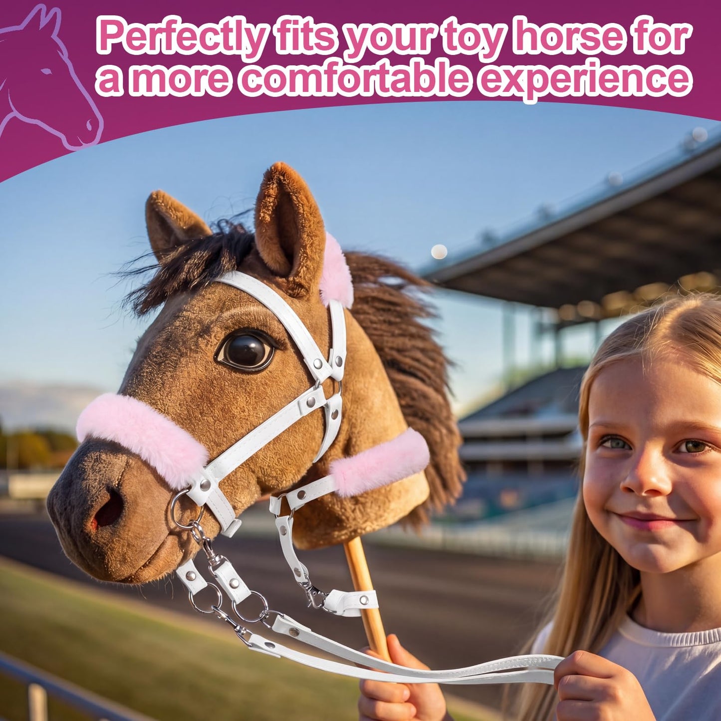 Shappy Hobby Horse Toy Accessories Realistic Horse Bridle with Metal Bit and Adjustable Reins, Faux Leather and Stainless Steel for Equestrian, Themed Events Competitions and Play (White, Pink)