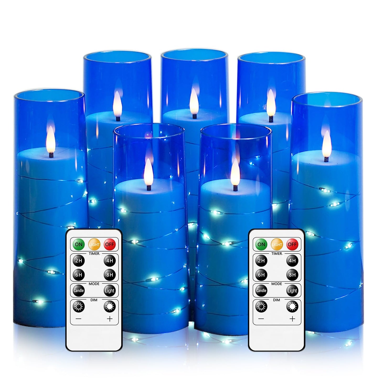 Flameless Candles,with Embedded Star String, Battery Operated Candles Flickering LED Pillar Candles with Remote Control and Timer, Home Decoration Add a Warm and Romantic Atmosphere，Set of 7 (Blue)