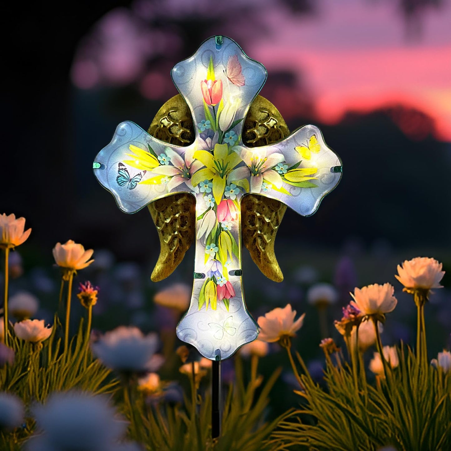 Solar Cross Garden Stakes for Graves,Lily Cemetery Decorations Yard Patio Decor,Golden Angel Wings Cross Lights Outdoor,Remembrance Gifts