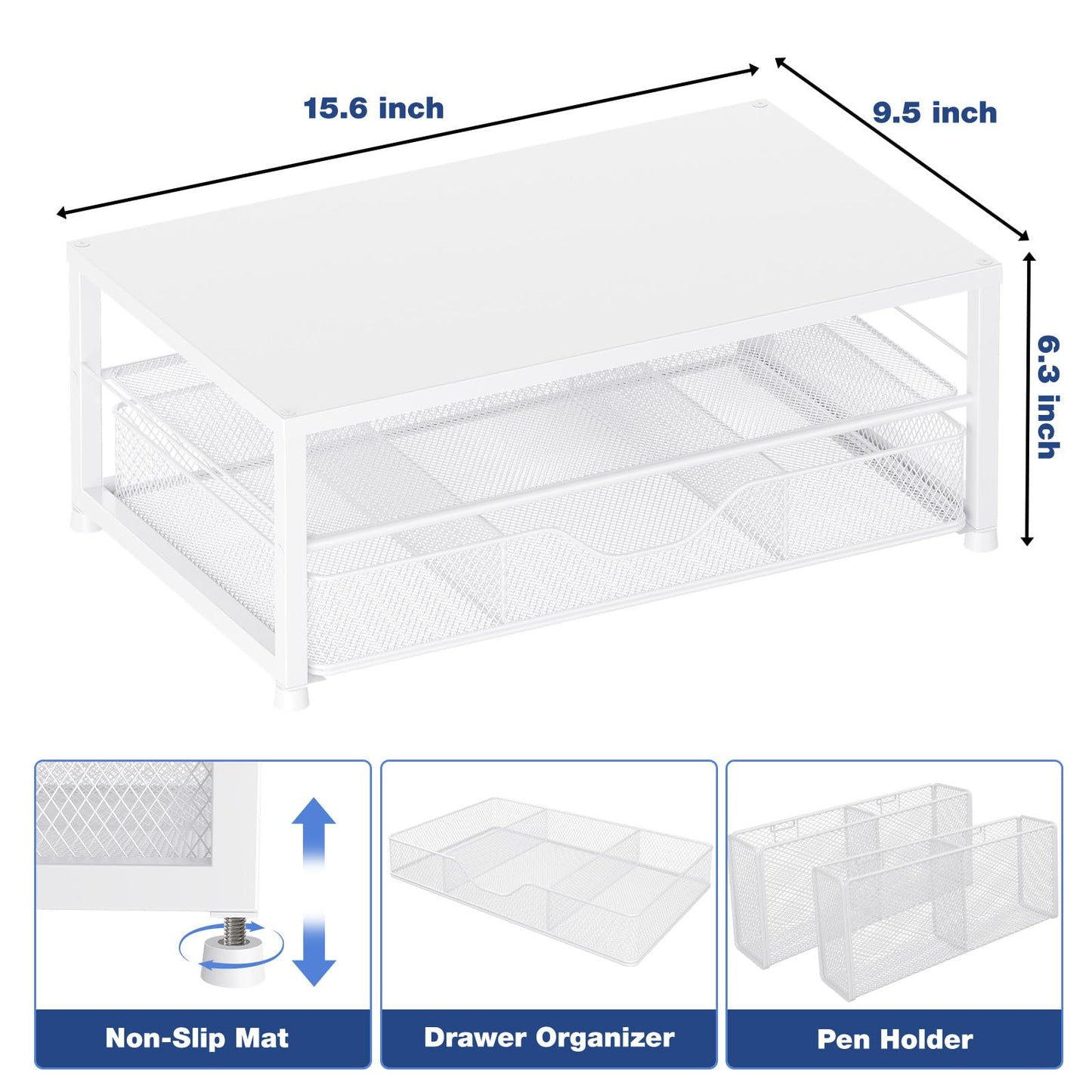 OPNICE Desk Organizers and Accessories, 2-Tier Computer Monitor Stand Riser with Drawer and 2 Pen Holders, Laptop Stand, Office Desk Accessories for Office Supplies, White