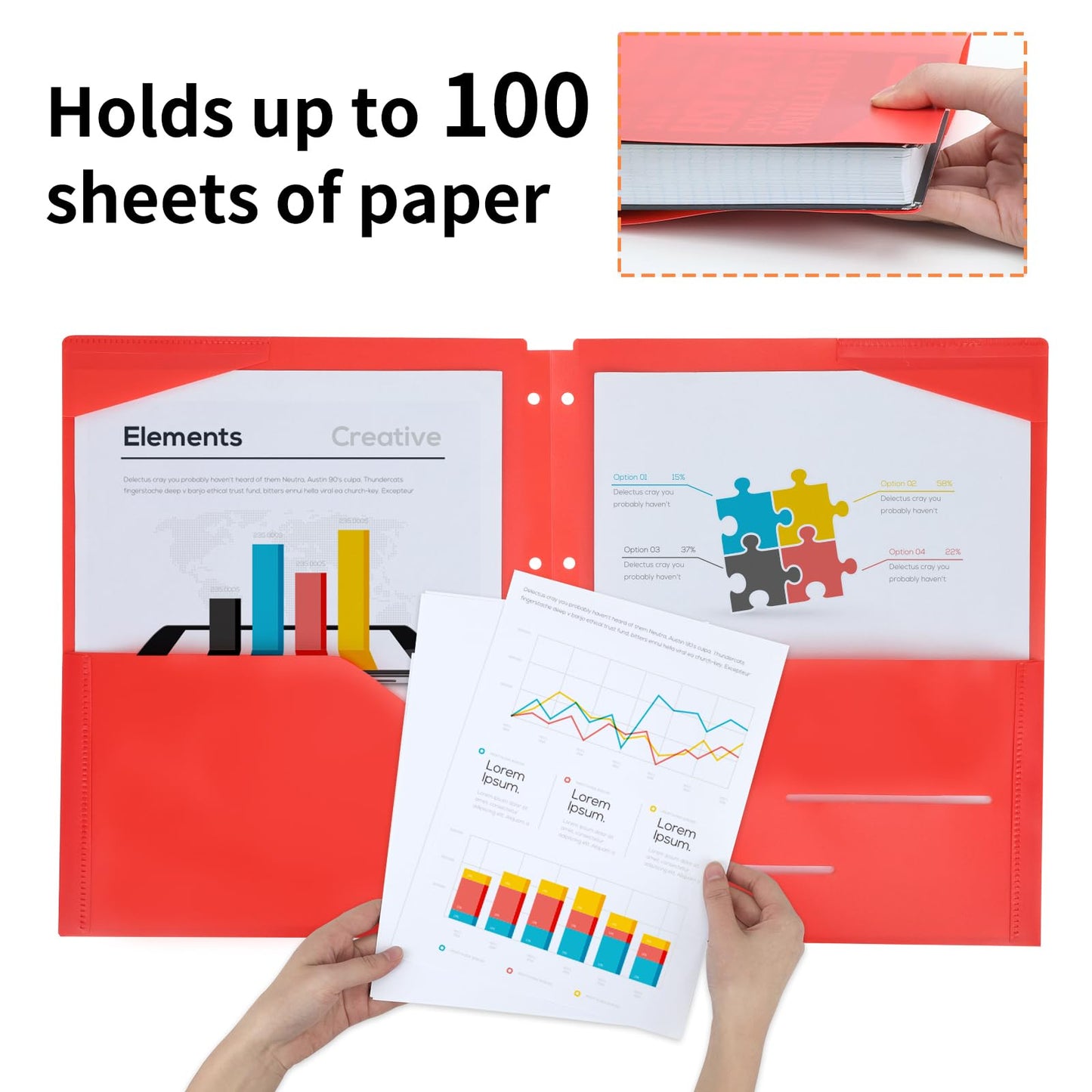 EOOUT Binder Folders 10pcs Colored File Folders, Plastic Folders with Pocket and 2 Business Card Slot, 3 Hole Punch Poly Folders Fits in 3 Ring Binder for School Office