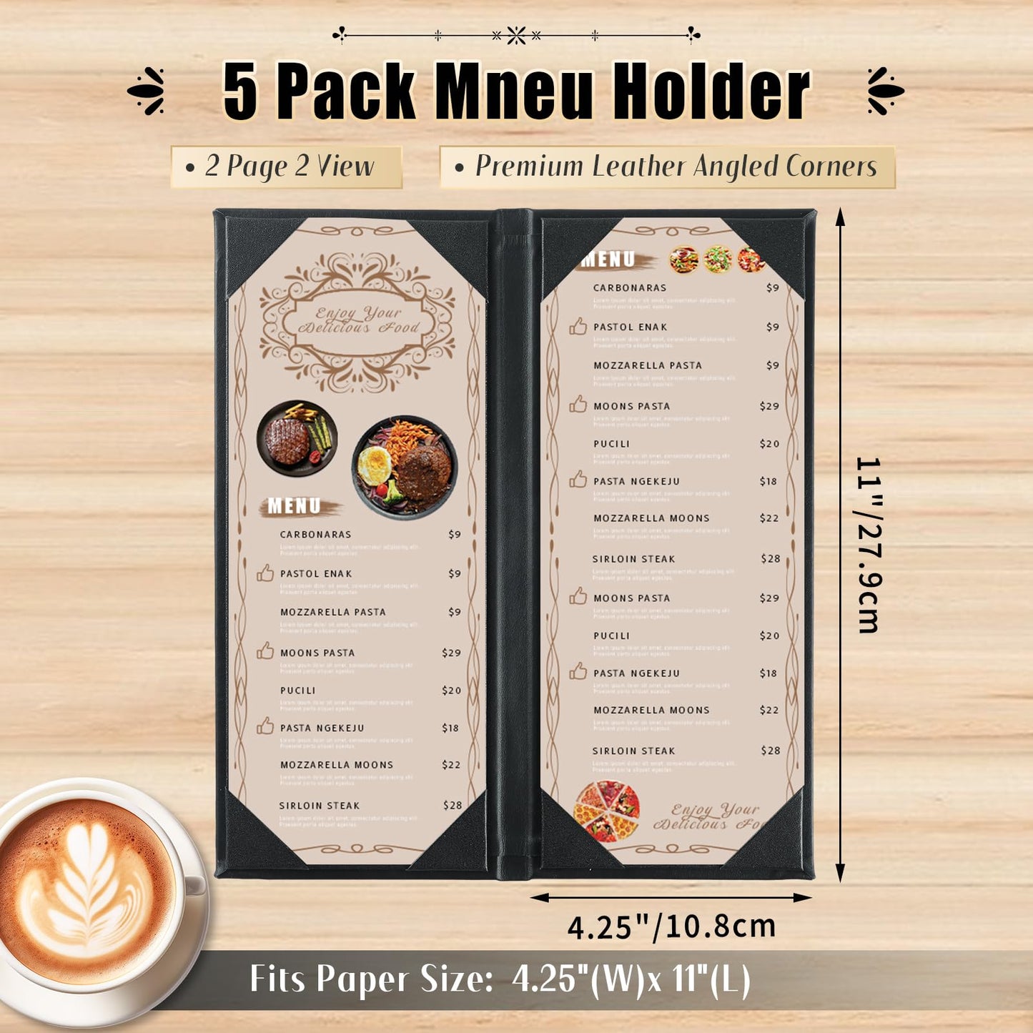FLKQC Menu Covers 4.25" x 11" – 5 Pack 2 View Black PU Leather Restaurant Menu Holders, Double Panel with Angled Corners for Food Menus, Wine Lists & Drink Specials & Cocktail, Perfect for Parties