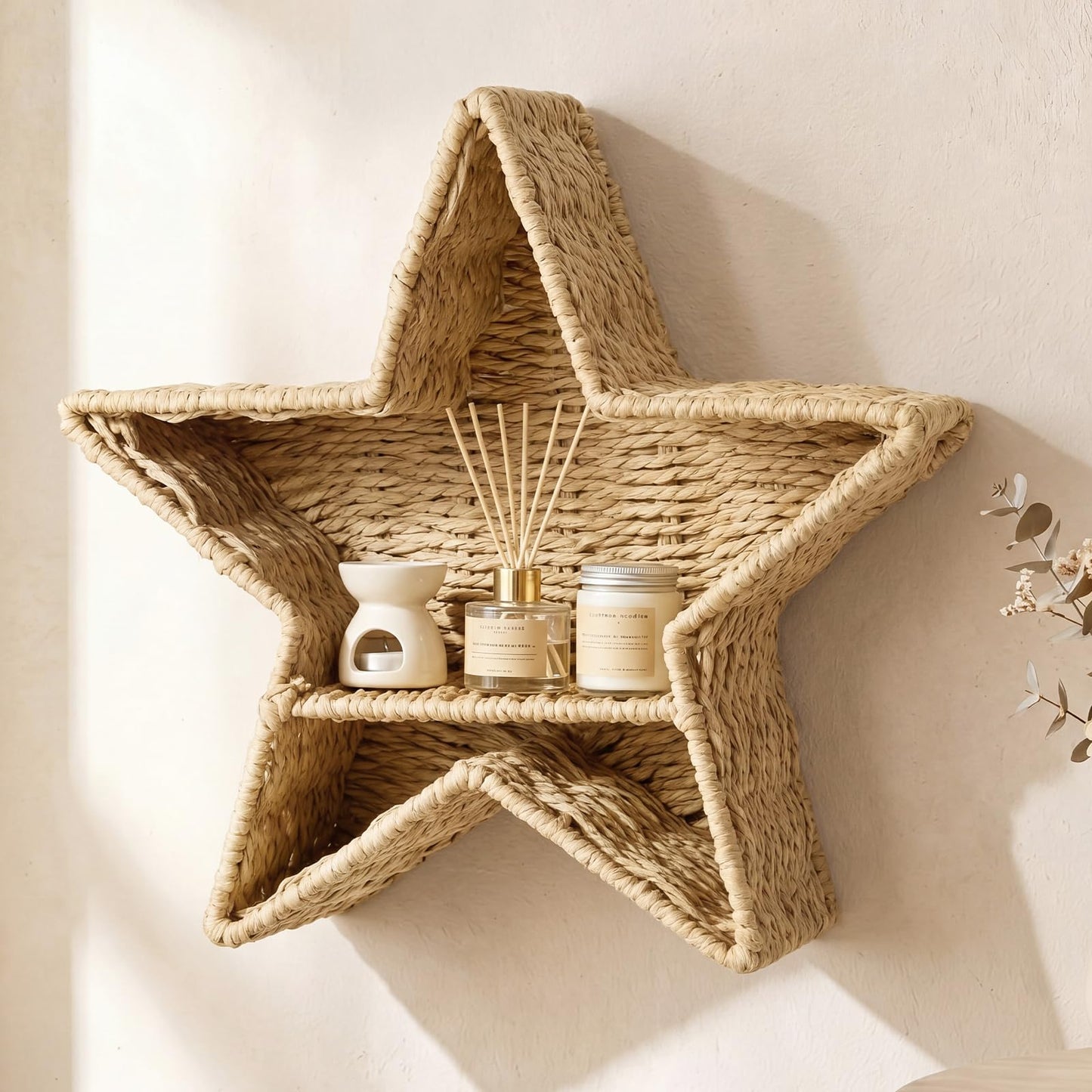 Domensi Handwoven Wall Shelf Decor Wicker Nursery Hanging Organizer Basket Shelves Natural Rattan Storage Basket for Small Books Bookshelf Bathroom Living Room Bedroom Corner(Star Shape)