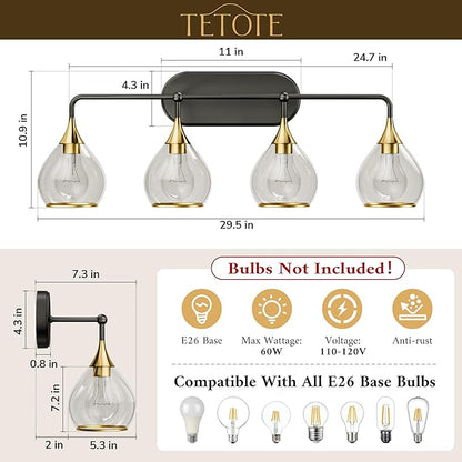 TETOTE 4-Light Modern Bathroom Light Fixtures, 4 Light Vanity Lights Over Mirror Black & Gold Wall Lamp with Clear Glass for Bathroom, Mirror, Living Room, Bedroom, Hallway