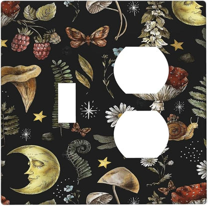 Decorative Light Switch Cover Plate Nature Plant Botanical Daisy Musrhoom Snails And Moon 2 Gang Outlet Covers 1 Toggle 1 Duplex Wall Plate Decorate Electrical Switch Plate Covers for Bathroom Home