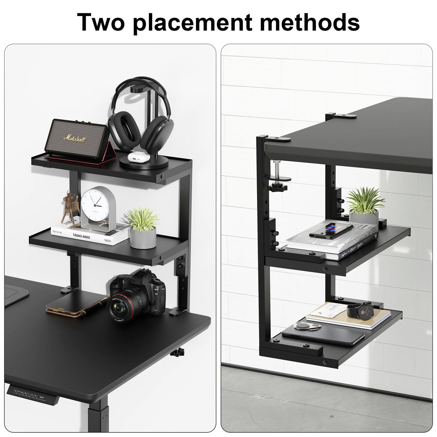 Spacrea clamp on Desk Shelf, 2 Tier Office Desk Shelves Organizer, Wood Desktop Supplies Storage Rack, Desk Organizers and Accessories (Black)