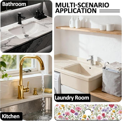 2 Pcs Kitchen Sink Splash Guard Faucet Mats Colorful Watercolor Flowers and