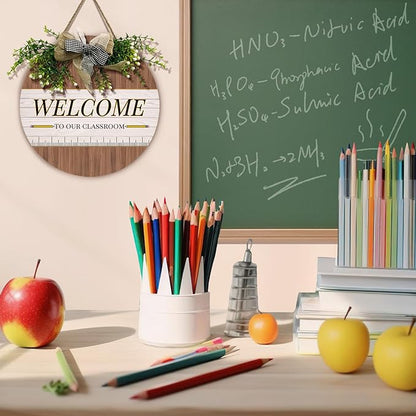 Welcome Sign for Classroom Door Welcome to Our Classroom front Door Sign with Wreath Teacher Round Hanging Wooden Plaque with Bow Decoration Welcome Back to School Wall Signs Porch 12×12 Inch