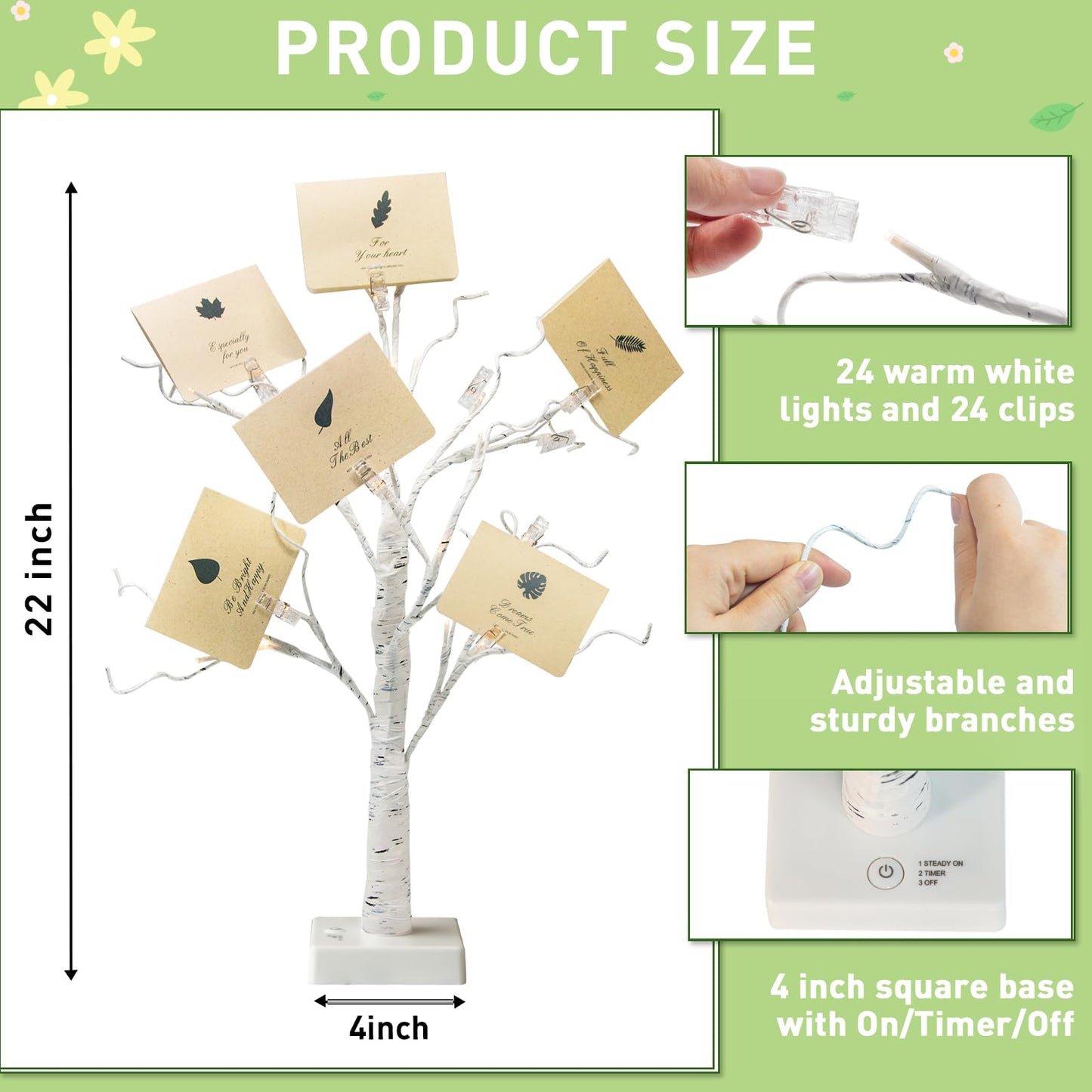 EAMBRITE Money Tree Gift Holder, Gift Card Tree 2FT 24LED, Lighted Birch Trees Battery/USB Powered Timer Photo Display with 24 Clips and 12 Cards for Home Graduation Christmas Picture Memo 2 Pack