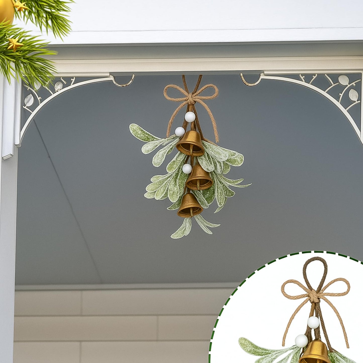 Tigeen Christmas Mistletoe Kiss Decor with Metal Bells and Bow Knots 8.6 Inch Artificial Christmas Mistletoe Hanging Ornaments for Xmas Party Tree Doors Walls Window Fireplaces Decorations(White)
