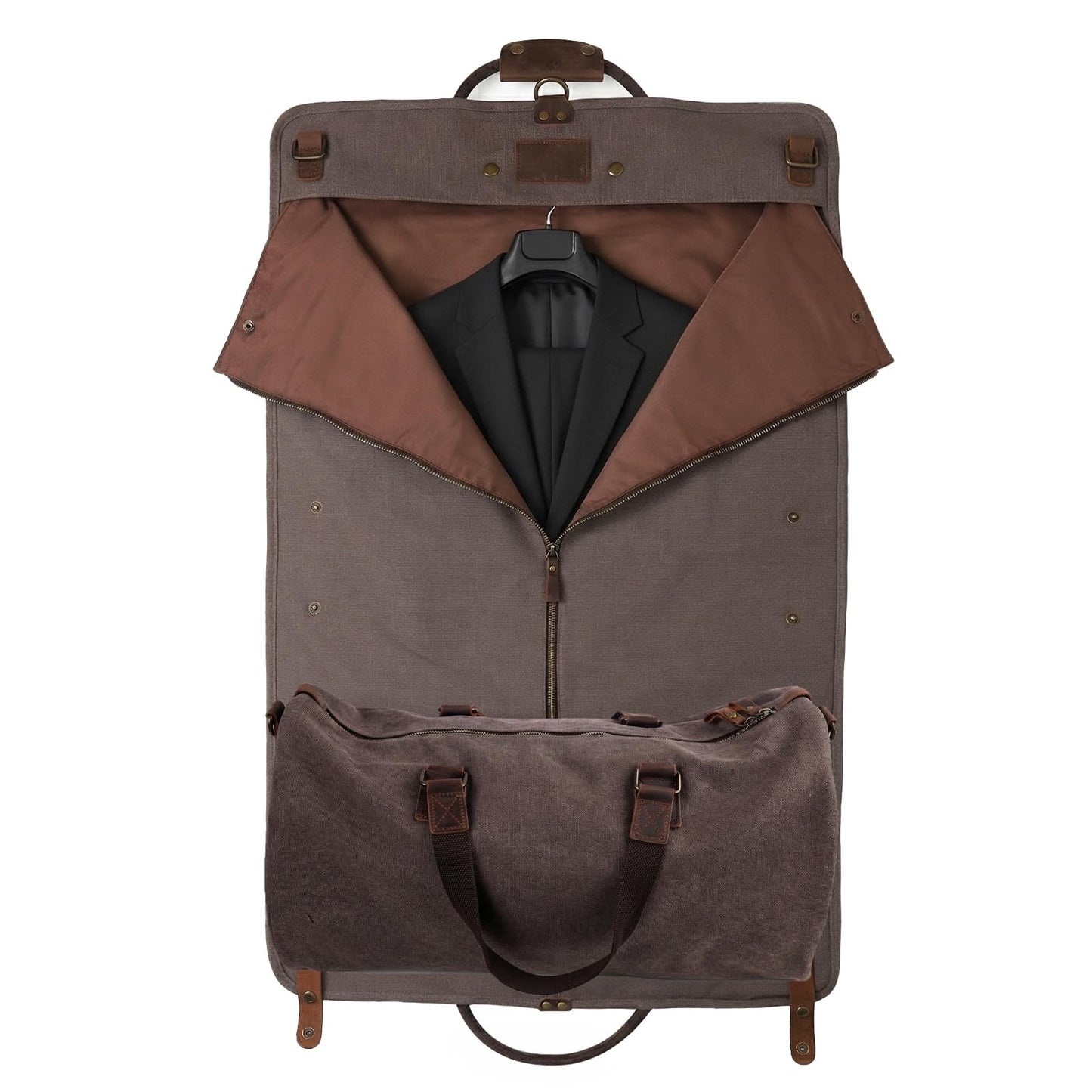 2 in 1 Suit Garment Duffle Convertible Carry-on Bag With Canvas Leather Shoulder Strap for Travel, Business Trips, Storage - Hangding Suit, Clothes, Dresses, Shoes (Gray)
