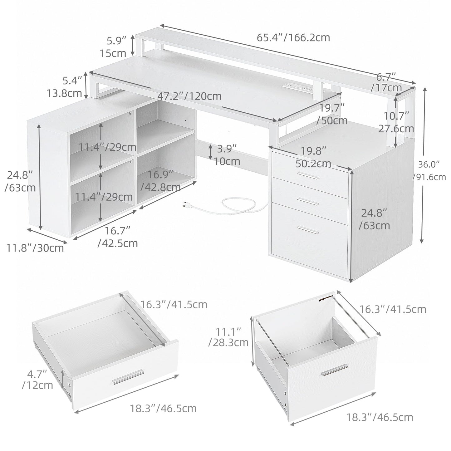 DWVO L Shaped Desk with Drawers, 65" Computer Desk with Power Outlets & LED Lights, Corner Home Office Desk with Storage Shelves & Printer Stand, White
