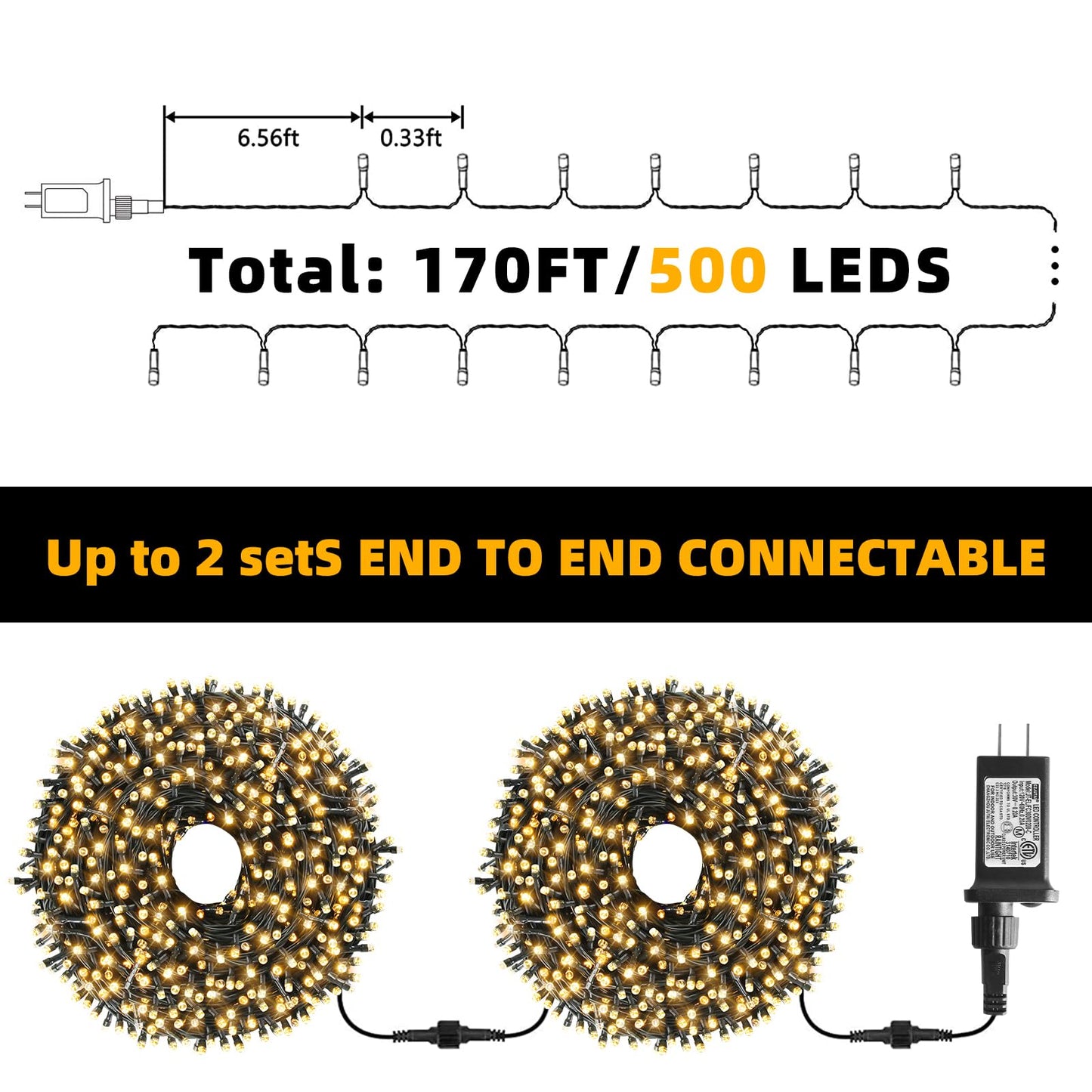 XTF2015 170FT 500 LED Christmas String Lights, Christmas Lights End to End Plug 8 Modes Memory Function with Timer, UL Certified Outdoor Indoor Fairy Light Christmas Tree, Patio, Party (Warm White)