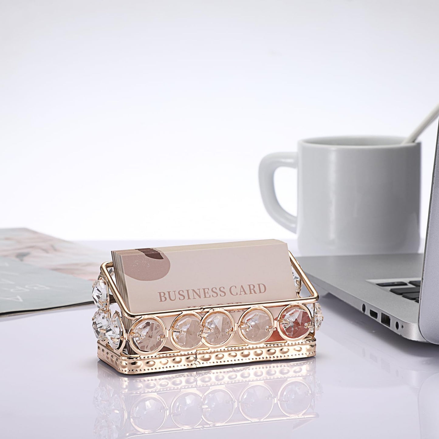 Hipiwe 2 Packs Crystal Business Card Holder Gold Metal Business Card Display Holder for Desk Bling Office Desktop Business Card Storage Organizer with Mirror Base