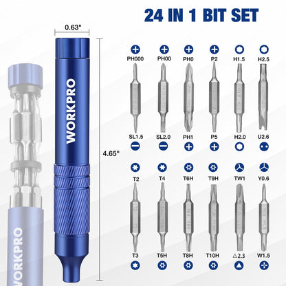 WORKPRO 24-in-1 Precision Screwdriver Sets, Pen Style Manual Screw driver, 24 pcs Tough S2 Steel Small Screwdriver Bits, Ideal for Eyeglass, Watch, Laptop, Phone, Jewelry and Electronic, Blue