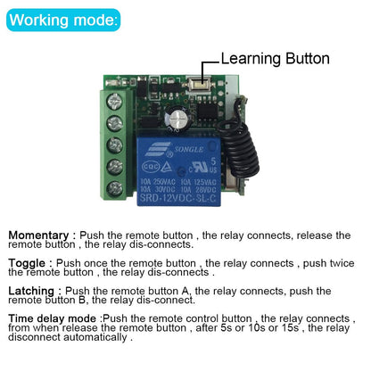 QIACHIP 433Mhz Universal Wireless Remote Control Switch DC 12V 1CH Relay Receiver Module RF Transmitter Momentary Toggle Latch for Gate Door Open,LED,Pump,Car(Transmitters 2 Button+ 1 Receiver 1CH)