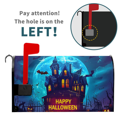 Happy Halloween Mailbox Covers Magnetic Scary Night Haunted House Waterproof Mail Box Wraps Large Size 25.5x21 Inch Full Moon Bats Decorative Blue Letter Box Cover for Home Garden Yard Outside