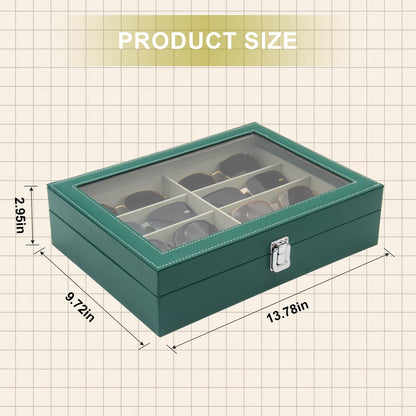 CECOBAG 8 Slots Sunglass Organizer with Clear Top Lid – PU Leather Glasses Case Display Tray, Removable Dividers, Also Suitable for Jewelry Storage-Green