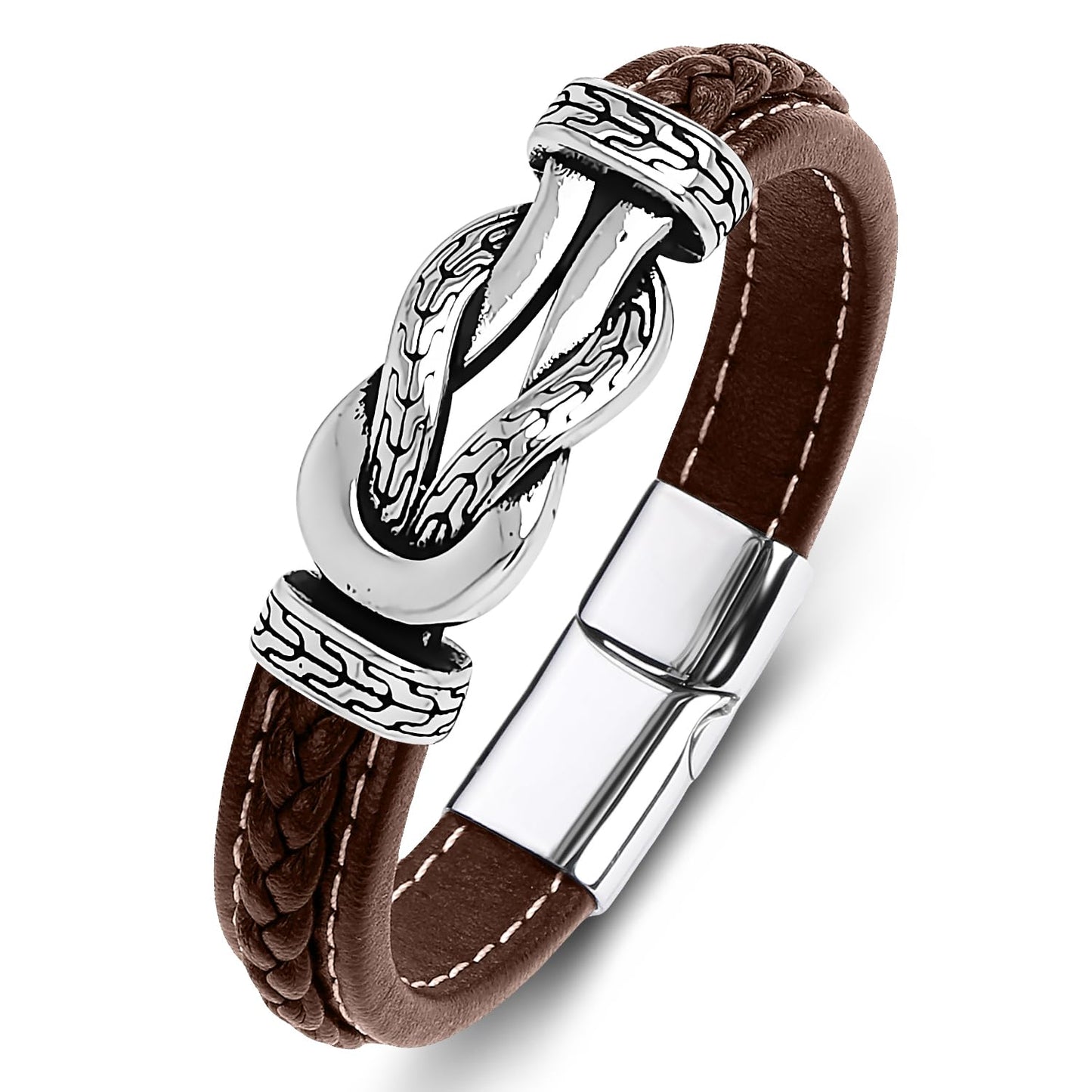 LJWVX Men's Braided Brown Leather Bracelet Wristband Cuff Bracelet for Men Gifts Stainless Steel Clasp