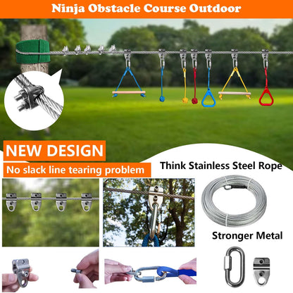 SZHTMZXC Ninja Warrior Obstacle Course for Kids Backyard Outdoor, 55ft Stainless Steel Main Cable, No Sagging, No Fraying, Weatherproof, 15 Ninja Training Accessories, Climbing Net, Swing, Wheel