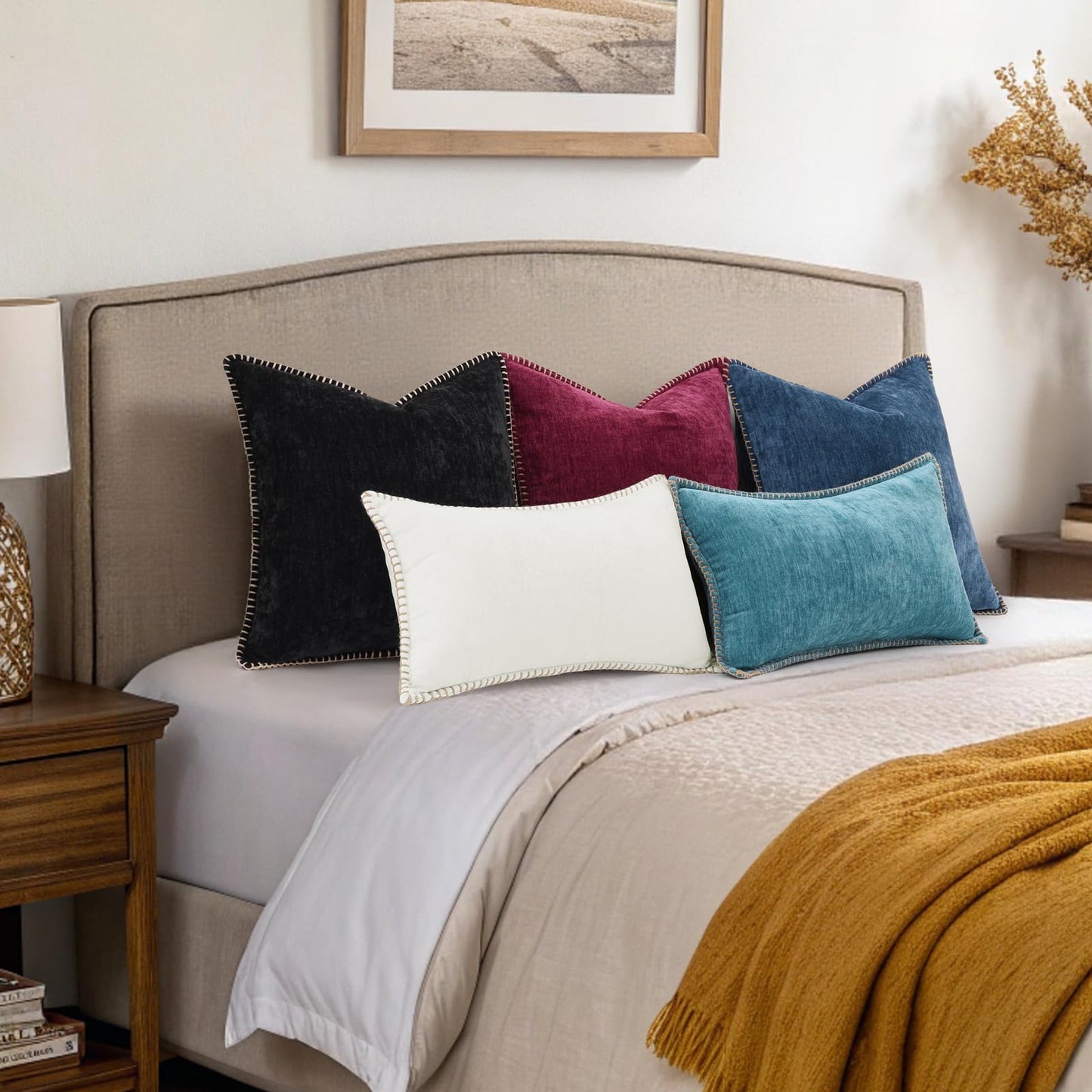 decorUhome Fall Chenille Soft Cozy Throw Pillow Covers 20x20 Set of 2, Modern Farmhouse Boho Velvet Decorative Pillow Cases with Stitched Edge for Couch Sofa Bed Home Decor, Rhododendron