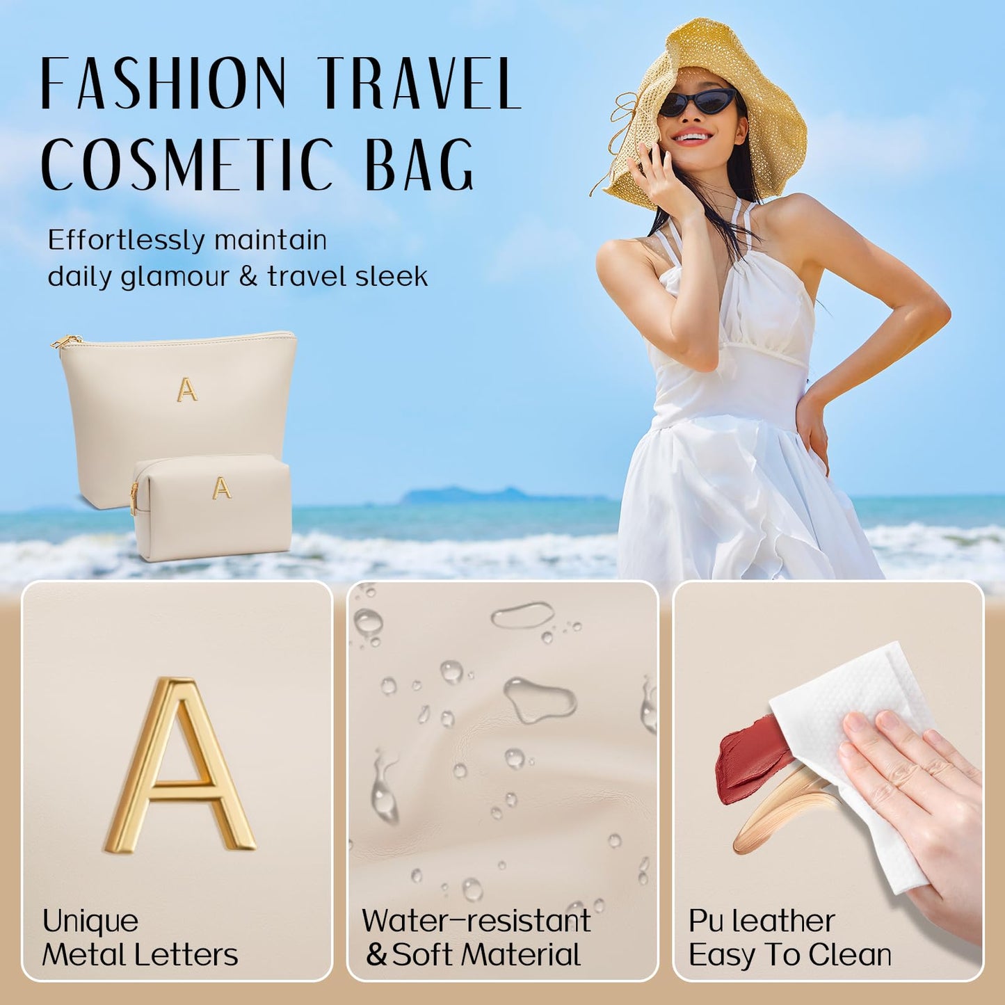 CLOUDWINGS Graduation Gifts | Initial Makeup Bag for Women Personalized Gifts for Bridesmaid Teachers Friend Female College Cosmetic Travel Toiletry Bag(Beige,A)