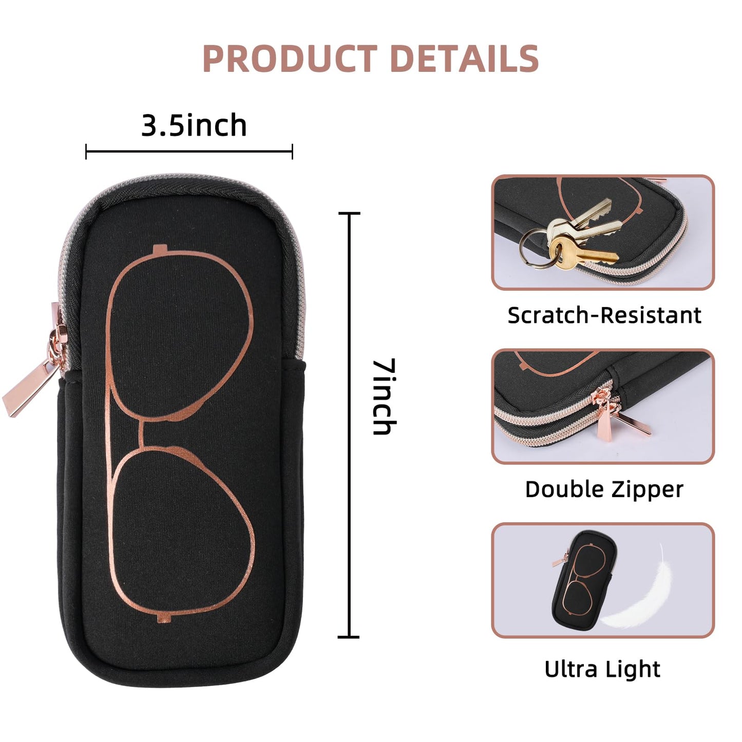 popolov Double Eyeglass Case Soft,Portable Dual Glasses Cases with 2 Compartments Zipper Closure for Men Women Travel