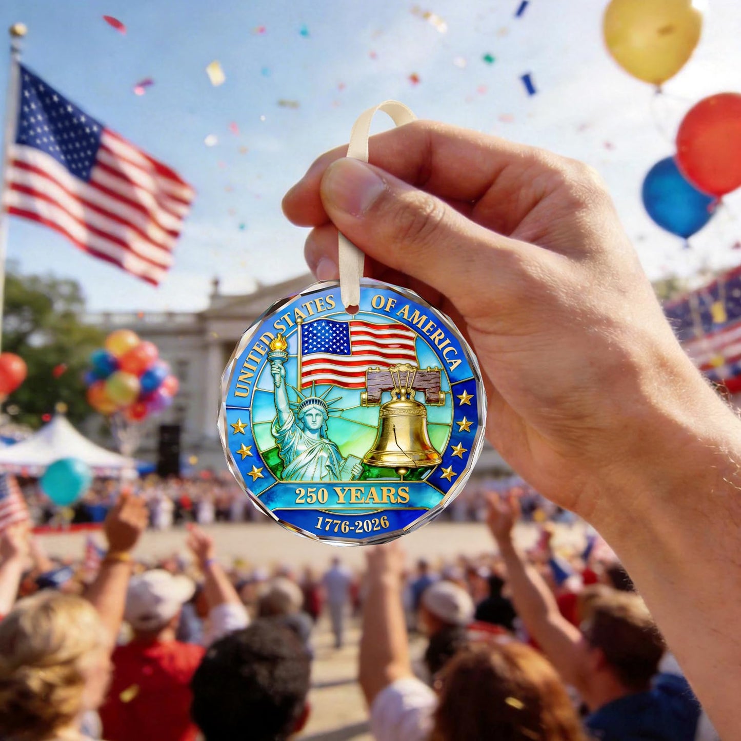 250 Anniversary USA Ornament for 4th of July Decorations, Crystal Glass 1776-2026 Liberty Bell Memorial Day Decorations, USA 250th Anniversary Merchandise Fourth of July Gifts for Men Women