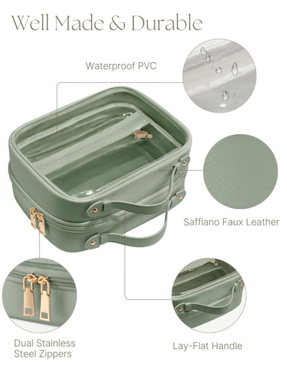 Oaque Clear Cosmetic Bag Double Layer Travel Toiletry Bag White Makeup Bag Case with 4 Compartments, Transparent Travel Bag for Toiletries, Large Toiletry Bag for Women Cosmetic Case (Sage Green)