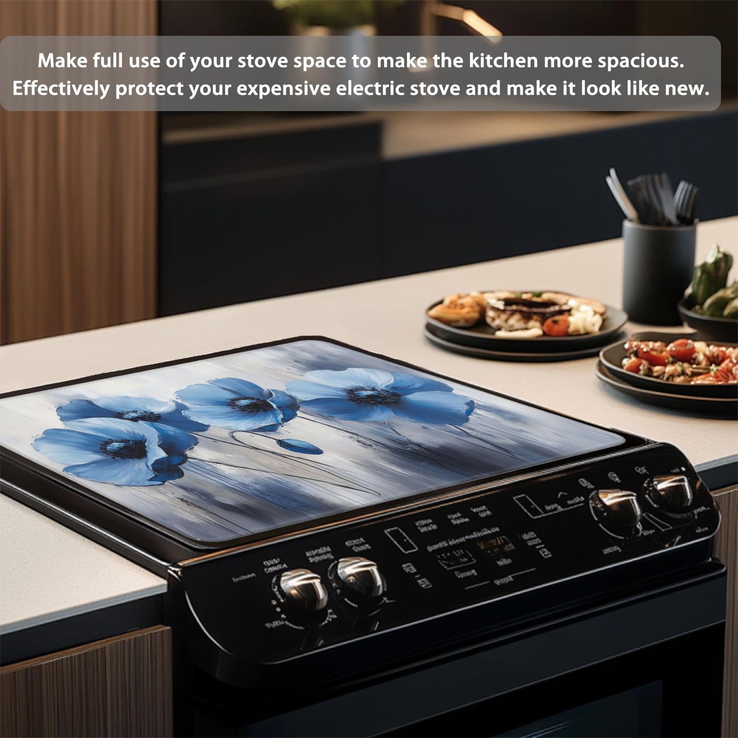 Stove Top Cover for Electric Stove,Vintage Blue Flower Anti-Slip Heat Resistant Rubber Flat Top Oven Cover Mat, Dish Drying Mat 28.5'' x 20.5''