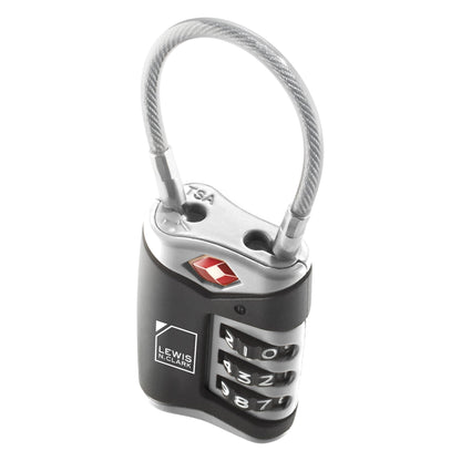 Lewis N. Clark TSA Approved Luggage Lock + Steel Cable for Suitcase, Carry On, BackPack, Laptop Bag + Purse, Perfect For Airport, Hotel or Gym - Set + Reset Your Own Combo, Black