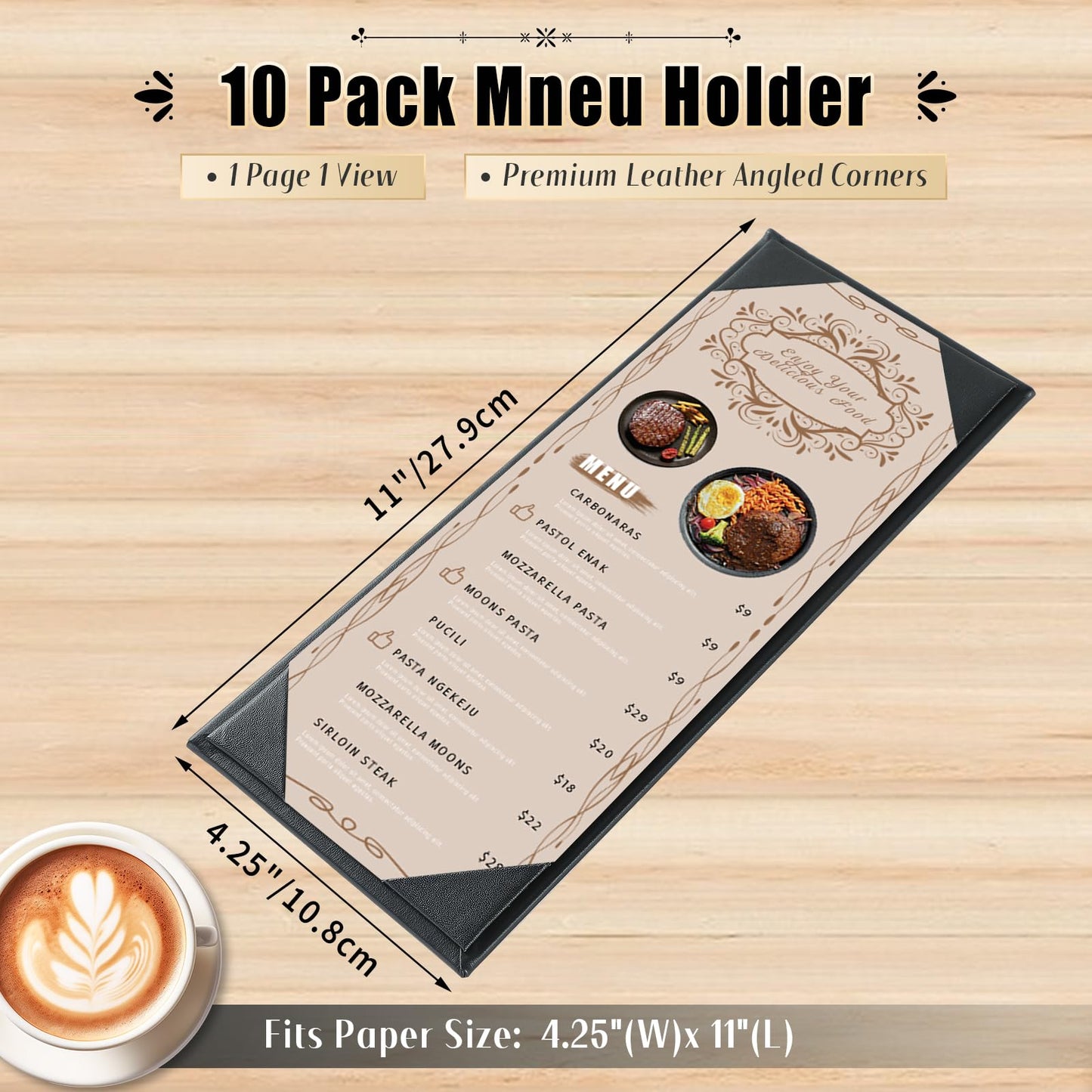 FLKQC Menu Covers 4.25" x 11" – 10 Pack 1 View Black PU Leather Restaurant Menu Holders, Single Panel with Angled Corners for Food Menus, Wine Lists & Drink Specials & Cocktail, Perfect for Parties