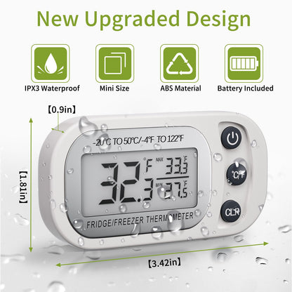 Digital Frigerator Thermometer 2 Pack, Waterproof Fridge and Freezer Thermometer, Thermometer Refrigerator with Large LCD Screen, Stand and Magnetic Back, for Room,Kitchen(White)