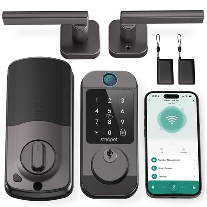 Keyless Door Lock with Handle Set - SMONET WiFi Fingerprint Smart Locks for Front Door, App Remote Control, Digital Bluetooth Keypad Deadbolt Set with Alexa, Auto Lock, Code, Fobs for Home Black